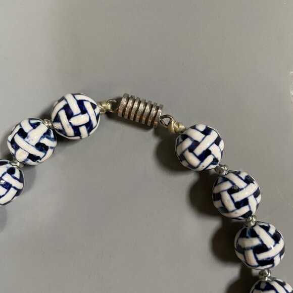 Ceramic Bead Necklace Blue and White Geometric Pattern - Picture 5 of 6